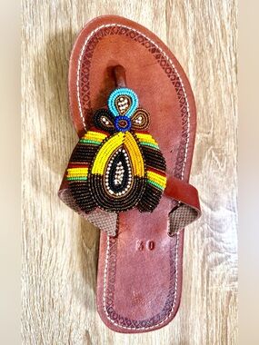 Brown Beaded Leather Women's Sandal with Yellow & Turquoise Accents